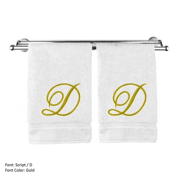 Monogrammed Washcloth Towel, Personalized Gift, 13x13 Inches - Set of 2 - Gold Script Embroidered Towel - Extra Absorbent 100% Turkish Cotton - Soft Terry Finish - Initial D White