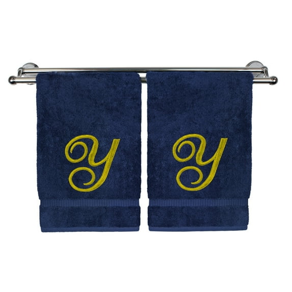 Monogrammed Washcloth Towel, Personalized Gift, 13x13 Inches - Set of 2 - Gold Script Embroidered Towel - Extra Absorbent 100% Turkish Cotton - Soft Terry Finish - Initial Y Navy Towels