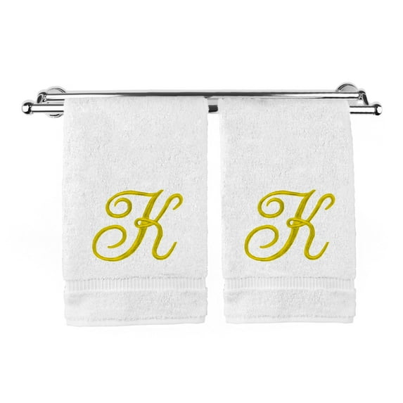Monogrammed Washcloth Towel, Personalized Gift, 13x13 Inches - Set of 2 - Gold Script Embroidered Towel - Extra Absorbent 100% Turkish Cotton - Soft Terry Finish - Initial K White