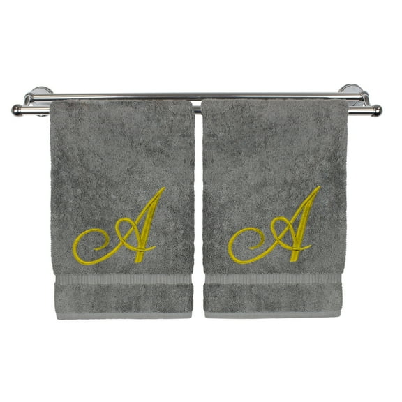 Monogrammed Washcloth Towel, Personalized Gift, 13x13 Inches - Set of 2 - Gold Script Embroidered Towel - Extra Absorbent 100% Turkish Cotton - Soft Terry Finish - Initial A Gray Towels