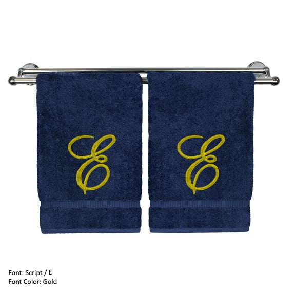 Monogrammed Washcloth Towel, Personalized Gift, 13x13 Inches - Set of 2 - Gold Script Embroidered Towel - Extra Absorbent 100% Turkish Cotton - Soft Terry Finish - Initial E Navy Towels