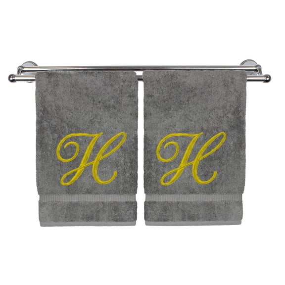 Monogrammed Washcloth Towel, Personalized Gift, 13x13 Inches - Set of 2 - Gold Script Embroidered Towel - Extra Absorbent 100% Turkish Cotton - Soft Terry Finish - Initial H Gray Towels
