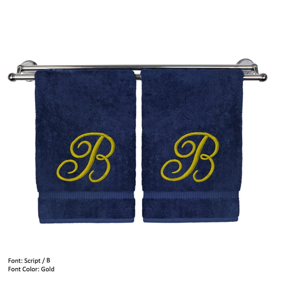 Monogrammed Washcloth Towel, Personalized Gift, 13x13 Inches - Set of 2 - Gold Script Embroidered Towel - Extra Absorbent 100% Turkish Cotton - Soft Terry Finish - Initial B Navy Towels