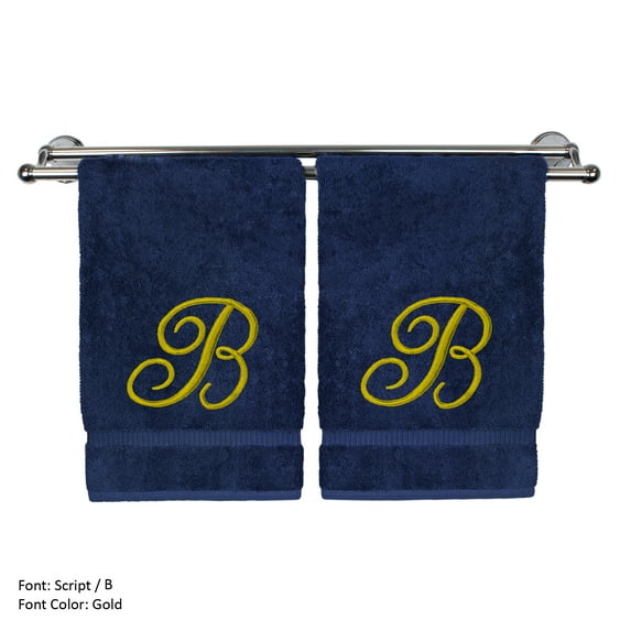 Monogrammed Washcloth Towel, Personalized Gift, 13x13 Inches - Set of 2 - Gold Script Embroidered Towel - Extra Absorbent 100% Turkish Cotton - Soft Terry Finish - Initial B Navy Towels