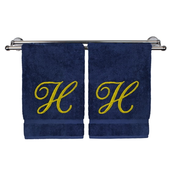 Monogrammed Washcloth Towel, Personalized Gift, 13x13 Inches - Set of 2 - Gold Script Embroidered Towel - Extra Absorbent 100% Turkish Cotton - Soft Terry Finish - Initial H Navy Towels