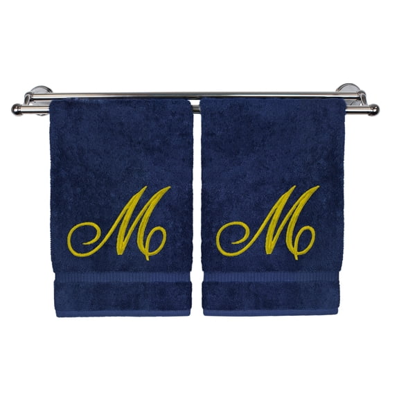 Monogrammed Washcloth Towel, Personalized Gift, 13x13 Inches - Set of 2 - Gold Script Embroidered Towel - Extra Absorbent 100% Turkish Cotton - Soft Terry Finish - Initial M Navy Towels