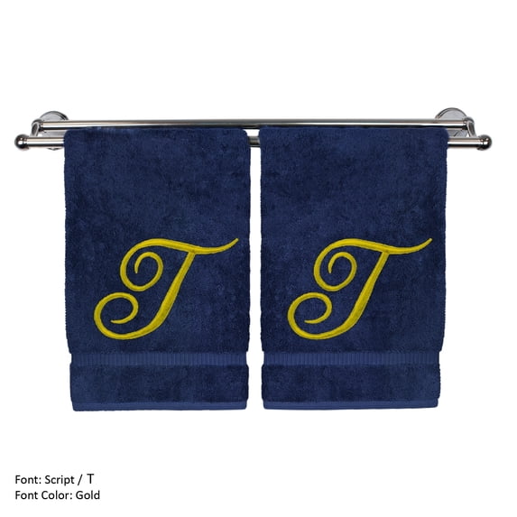 Monogrammed Washcloth Towel, Personalized Gift, 13x13 Inches - Set of 2 - Gold Script Embroidered Towel - Extra Absorbent 100% Turkish Cotton - Soft Terry Finish - Initial T Navy Towels