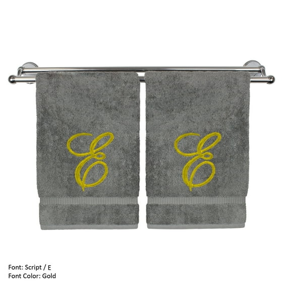 Monogrammed Washcloth Towel, Personalized Gift, 13x13 Inches - Set of 2 - Gold Script Embroidered Towel - Extra Absorbent 100% Turkish Cotton - Soft Terry Finish - Initial E Gray Towels
