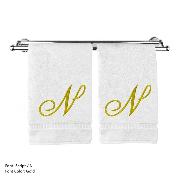 Monogrammed Washcloth Towel, Personalized Gift, 13x13 Inches - Set of 2 - Gold Script Embroidered Towel - Extra Absorbent 100% Turkish Cotton - Soft Terry Finish - Initial N White