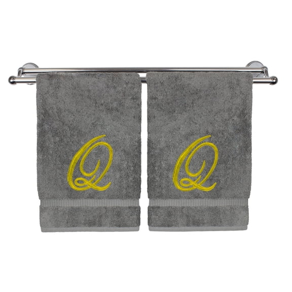 Monogrammed Washcloth Towel, Personalized Gift, 13x13 Inches - Set of 2 - Gold Script Embroidered Towel - Extra Absorbent 100% Turkish Cotton - Soft Terry Finish - Initial Q Gray Towels