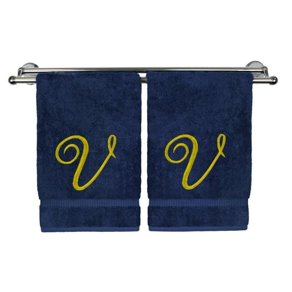 Monogrammed Washcloth Towel, Personalized Gift, 13x13 Inches - Set of 2 - Gold Script Embroidered Towel - Extra Absorbent 100% Turkish Cotton - Soft Terry Finish - Initial V Navy Towels