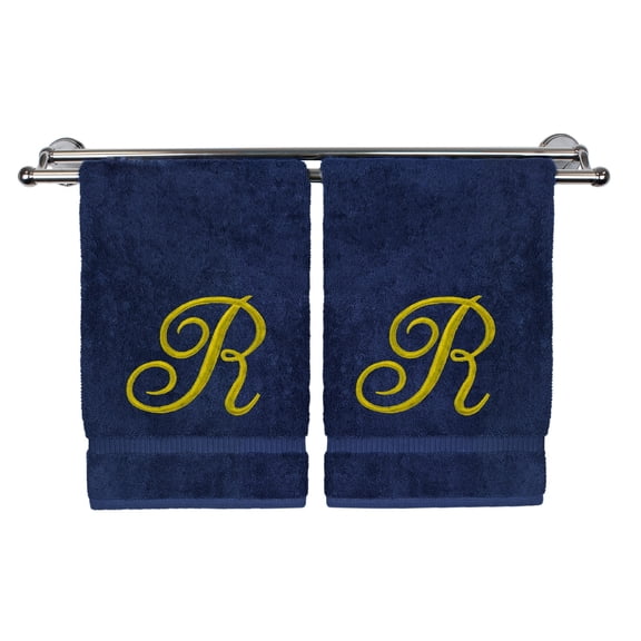 Monogrammed Washcloth Towel, Personalized Gift, 13x13 Inches - Set of 2 - Gold Script Embroidered Towel - Extra Absorbent 100% Turkish Cotton - Soft Terry Finish - Initial R Navy Towels