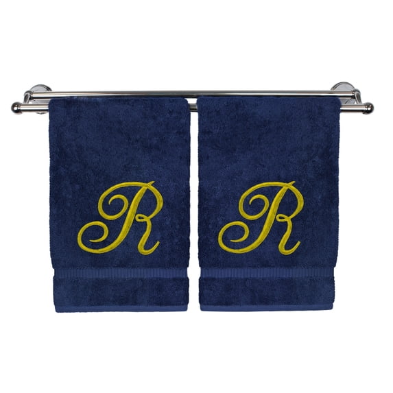 Monogrammed Washcloth Towel, Personalized Gift, 13x13 Inches - Set of 2 - Gold Script Embroidered Towel - Extra Absorbent 100% Turkish Cotton - Soft Terry Finish - Initial R Navy Towels
