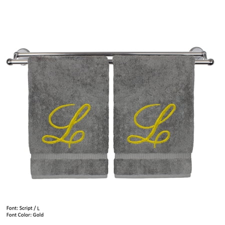 Monogrammed Washcloth Towel, Personalized Gift, 13x13 Inches - Set of 2 - Gold Script Embroidered Towel - Extra Absorbent 100% Turkish Cotton - Soft Terry Finish - Initial L Gray Towels