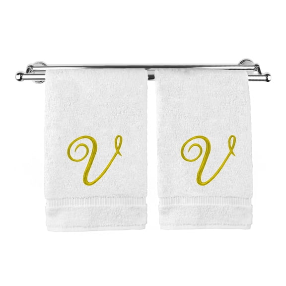 Monogrammed Washcloth Towel, Personalized Gift, 13x13 Inches - Set of 2 - Gold Script Embroidered Towel - Extra Absorbent 100% Turkish Cotton - Soft Terry Finish - Initial V White