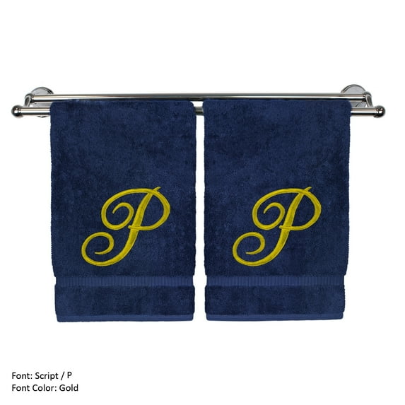 Monogrammed Washcloth Towel, Personalized Gift, 13x13 Inches - Set of 2 - Gold Script Embroidered Towel - Extra Absorbent 100% Turkish Cotton - Soft Terry Finish - Initial P Navy Towels