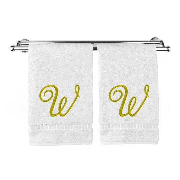 Monogrammed Washcloth Towel, Personalized Gift, 13x13 Inches - Set of 2 - Gold Script Embroidered Towel - Extra Absorbent 100% Turkish Cotton - Soft Terry Finish - Initial W White