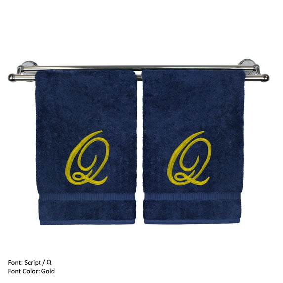 Monogrammed Washcloth Towel, Personalized Gift, 13x13 Inches - Set of 2 - Gold Script Embroidered Towel - Extra Absorbent 100% Turkish Cotton - Soft Terry Finish - Initial Q Navy Towels