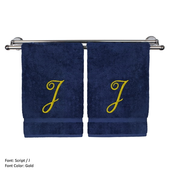 Monogrammed Washcloth Towel, Personalized Gift, 13x13 Inches - Set of 2 - Gold Script Embroidered Towel - Extra Absorbent 100% Turkish Cotton - Soft Terry Finish - Initial J Navy Towels