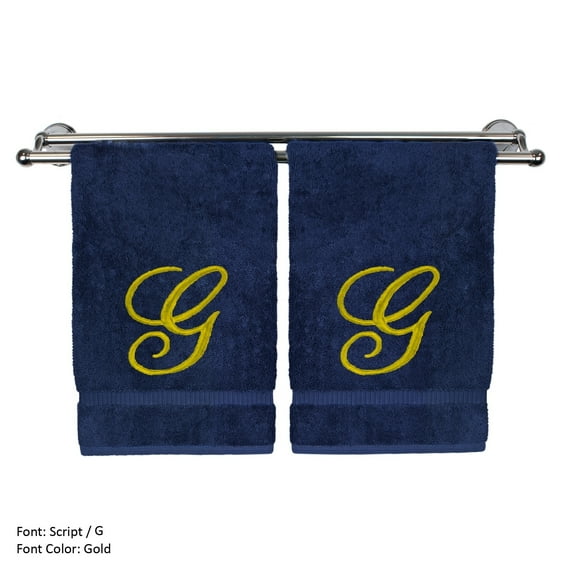 Monogrammed Washcloth Towel, Personalized Gift, 13x13 Inches - Set of 2 - Gold Script Embroidered Towel - Extra Absorbent 100% Turkish Cotton - Soft Terry Finish - Initial G Navy Towels