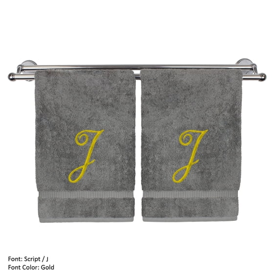Monogrammed Washcloth Towel, Personalized Gift, 13x13 Inches - Set of 2 - Gold Script Embroidered Towel - Extra Absorbent 100% Turkish Cotton - Soft Terry Finish - Initial J Gray Towels