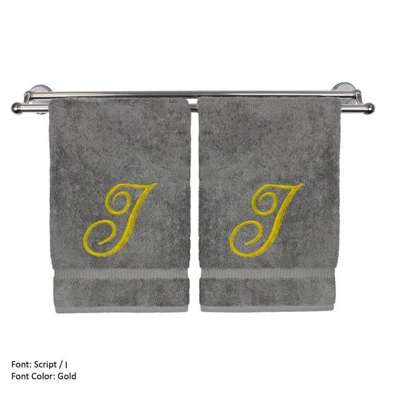 Monogrammed Washcloth Towel, Personalized Gift, 13x13 Inches - Set of 2 - Gold Script Embroidered Towel - Extra Absorbent 100% Turkish Cotton - Soft Terry Finish - Initial I Gray Towels