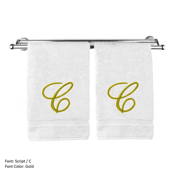 Monogrammed Washcloth Towel, Personalized Gift, 13x13 Inches - Set of 2 - Gold Script Embroidered Towel - Extra Absorbent 100% Turkish Cotton - Soft Terry Finish - Initial C White