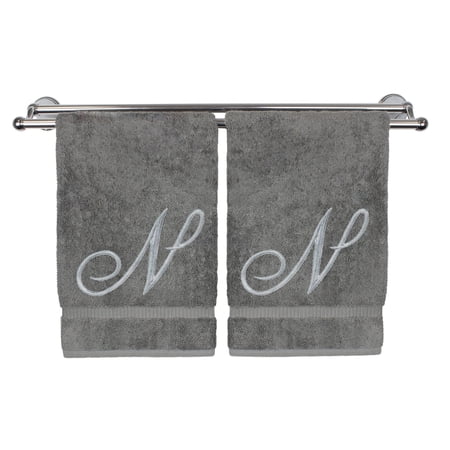 Monogrammed Washcloth Towel, Personalized Gift, 13x13 Inches - Set of 2 - Silver Script Embroidered Towel - Extra Absorbent 100% Turkish Cotton - Soft Terry Finish - Initial N Gray