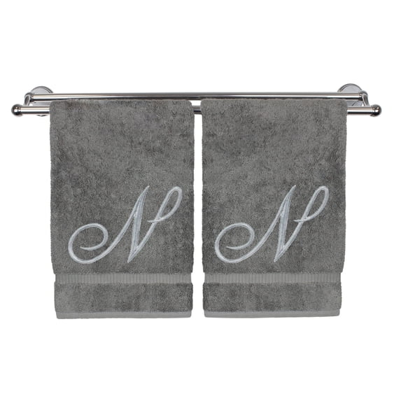 Monogrammed Washcloth Towel, Personalized Gift, 13x13 Inches - Set of 2 - Silver Script Embroidered Towel - Extra Absorbent 100% Turkish Cotton - Soft Terry Finish - Initial N Gray
