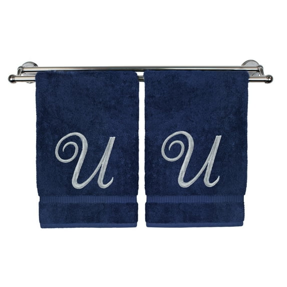 Monogrammed Washcloth Towel, Personalized Gift, 13x13 Inches - Set of 2 - Silver Script Embroidered Towel - Extra Absorbent 100% Turkish Cotton - Soft Terry Finish - Initial U Navy