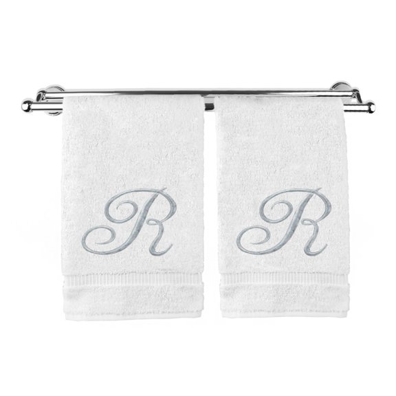 Monogrammed Washcloth Towel, Personalized Gift, 13x13 Inches - Set of 2 - Silver Script Embroidered Towel - Extra Absorbent 100% Turkish Cotton - Soft Terry Finish - Initial R White
