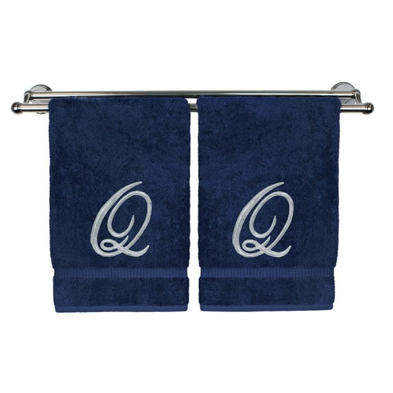 Monogrammed Washcloth Towel, Personalized Gift, 13x13 Inches - Set of 2 - Silver Script Embroidered Towel - Extra Absorbent 100% Turkish Cotton - Soft Terry Finish - Initial Q Navy