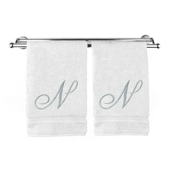 Monogrammed Washcloth Towel, Personalized Gift, 13x13 Inches - Set of 2 - Silver Script Embroidered Towel - Extra Absorbent 100% Turkish Cotton - Soft Terry Finish - Initial N White