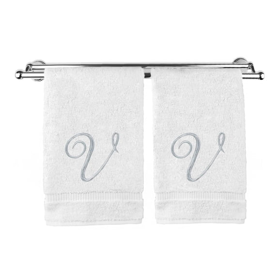 Monogrammed Washcloth Towel, Personalized Gift, 13x13 Inches - Set of 2 - Silver Script Embroidered Towel - Extra Absorbent 100% Turkish Cotton - Soft Terry Finish - Initial V White