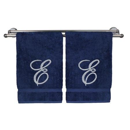 Monogrammed Washcloth Towel, Personalized Gift, 13x13 Inches - Set of 2 - Silver Script Embroidered Towel - Extra Absorbent 100% Turkish Cotton - Soft Terry Finish - Initial E Navy