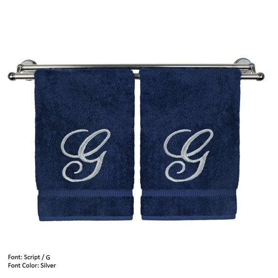 Monogrammed Washcloth Towel, Personalized Gift, 13x13 Inches - Set of 2 - Silver Script Embroidered Towel - Extra Absorbent 100% Turkish Cotton - Soft Terry Finish - Initial G Navy