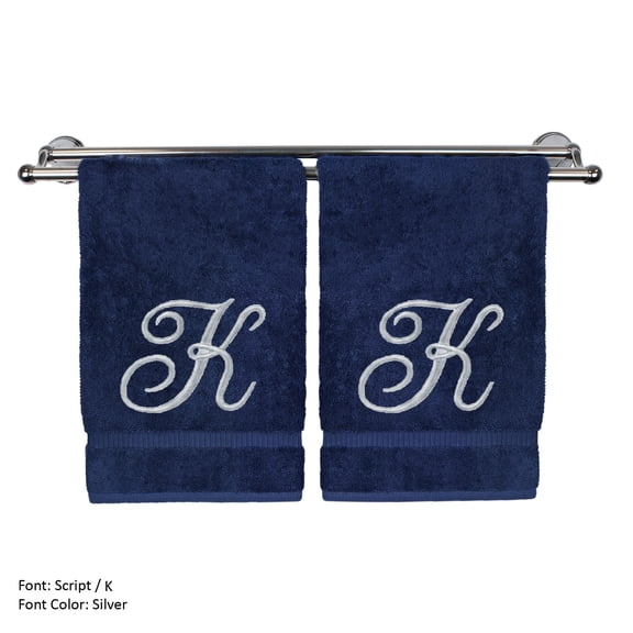 Monogrammed Washcloth Towel, Personalized Gift, 13x13 Inches - Set of 2 - Silver Script Embroidered Towel - Extra Absorbent 100% Turkish Cotton - Soft Terry Finish - Initial K Navy