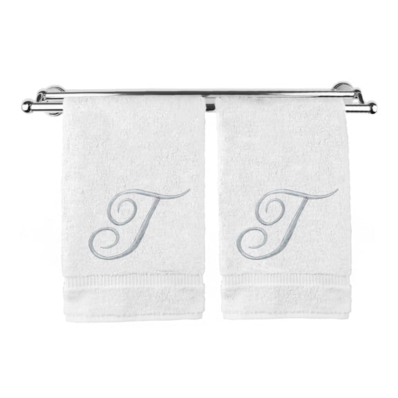 Monogrammed Washcloth Towel, Personalized Gift, 13x13 Inches - Set of 2 - Silver Script Embroidered Towel - Extra Absorbent 100% Turkish Cotton - Soft Terry Finish - Initial T White