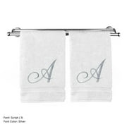 Monogrammed Washcloth Towel, Personalized Gift, 13x13 Inches - Set of 2 - Silver Script Embroidered Towel - Extra Absorbent 100% Turkish Cotton - Soft Terry Finish - Initial A White