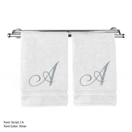 Monogrammed Washcloth Towel, Personalized Gift, 13x13 Inches - Set of 2 - Silver Script Embroidered Towel - Extra Absorbent 100% Turkish Cotton - Soft Terry Finish - Initial A White