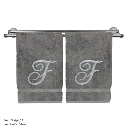 Monogrammed Washcloth Towel, Personalized Gift, 13x13 Inches - Set of 2 - Silver Script Embroidered Towel - Extra Absorbent 100% Turkish Cotton - Soft Terry Finish - Initial F Gray
