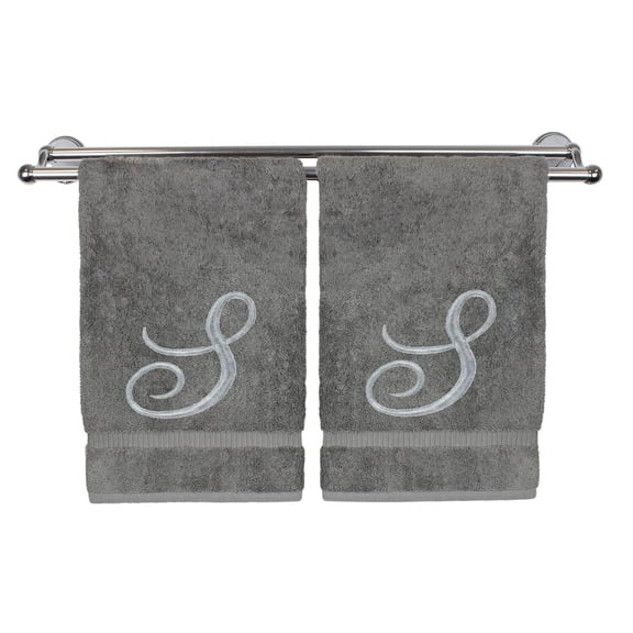 Monogrammed Washcloth Towel, Personalized Gift, 13x13 Inches - Set of 2 - Silver Script Embroidered Towel - Extra Absorbent 100% Turkish Cotton - Soft Terry Finish - Initial S Gray