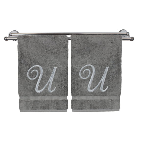 Monogrammed Washcloth Towel, Personalized Gift, 13x13 Inches - Set of 2 - Silver Script Embroidered Towel - Extra Absorbent 100% Turkish Cotton - Soft Terry Finish - Initial U Gray