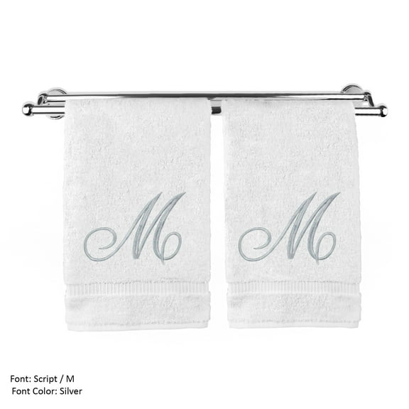 Monogrammed Washcloth Towel, Personalized Gift, 13x13 Inches - Set of 2 - Silver Script Embroidered Towel - Extra Absorbent 100% Turkish Cotton - Soft Terry Finish - Initial M White