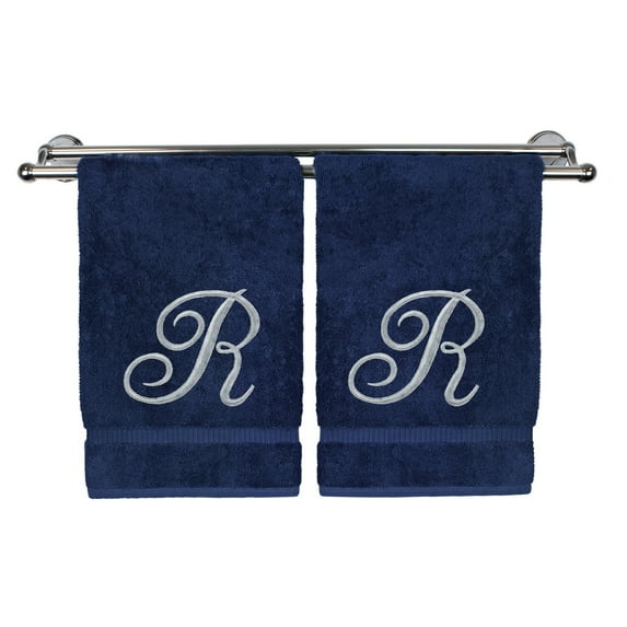 Monogrammed Washcloth Towel, Personalized Gift, 13x13 Inches - Set of 2 - Silver Script Embroidered Towel - Extra Absorbent 100% Turkish Cotton - Soft Terry Finish - Initial R Navy