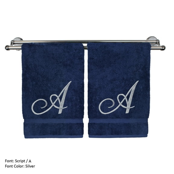 Monogrammed Washcloth Towel, Personalized Gift, 13x13 Inches - Set of 2 - Silver Script Embroidered Towel - Extra Absorbent 100% Turkish Cotton - Soft Terry Finish - Initial A Navy