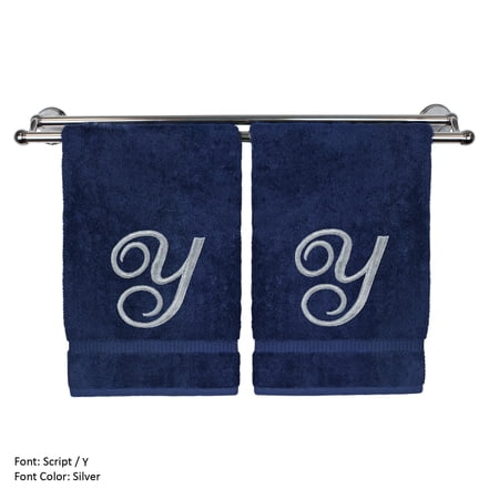 Monogrammed Washcloth Towel, Personalized Gift, 13x13 Inches - Set of 2 - Silver Script Embroidered Towel - Extra Absorbent 100% Turkish Cotton - Soft Terry Finish - Initial Y Navy