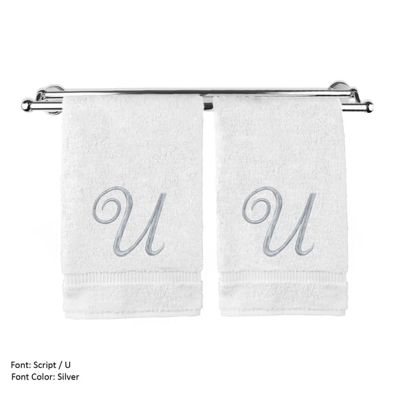 Monogrammed Washcloth Towel, Personalized Gift, 13x13 Inches - Set of 2 - Silver Script Embroidered Towel - Extra Absorbent 100% Turkish Cotton - Soft Terry Finish - Initial U White