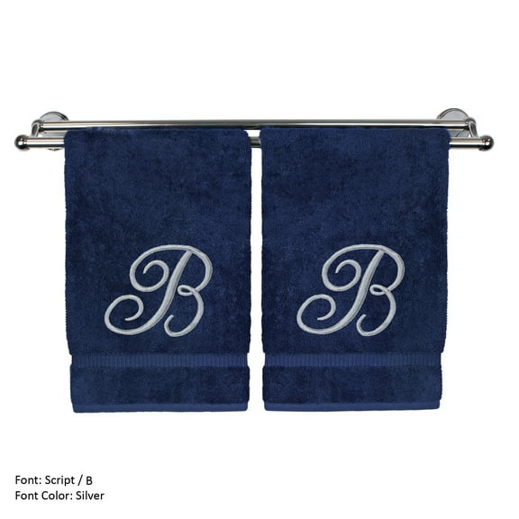 Monogrammed Washcloth Towel, Personalized Gift, 13x13 Inches - Set of 2 - Silver Script Embroidered Towel - Extra Absorbent 100% Turkish Cotton - Soft Terry Finish - Initial B Navy