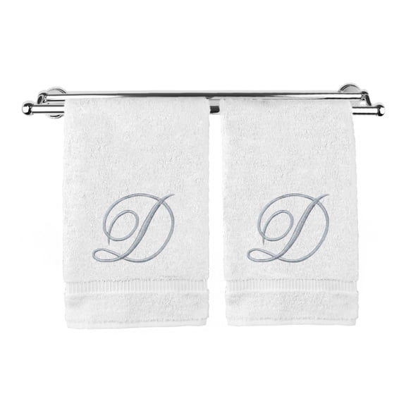 Monogrammed Washcloth Towel, Personalized Gift, 13x13 Inches - Set of 2 - Silver Script Embroidered Towel - Extra Absorbent 100% Turkish Cotton - Soft Terry Finish - Initial D White